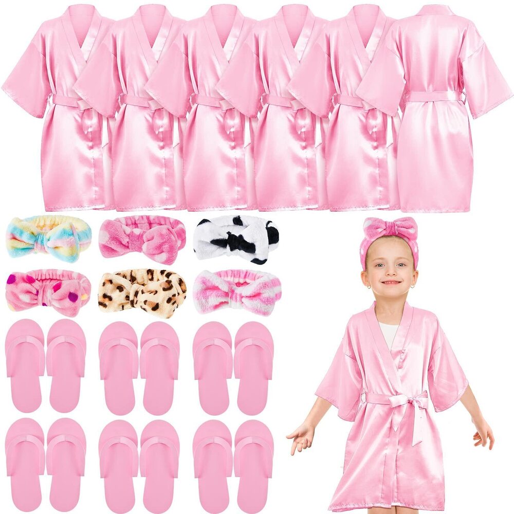 5867 18 Pcs Spa Party Supplies for Girls 6 Satin Kimono Robe 6 Spa Headband